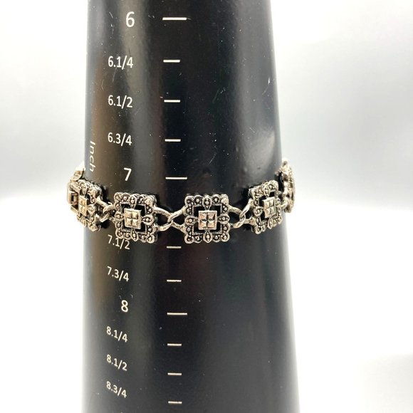 Vintage Marcasite Link Bracelet with Lacy Filigree Squares in Silver Tone - Picture 3 of 5